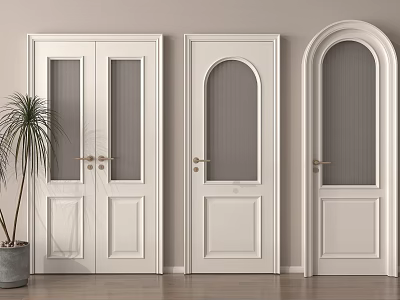 White Interior Double Doors With Glass Panels And Minimalist Potted Plant 3d model