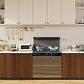 Modern Kitchen Interior With White Upper Cabinets Wooden Lower Cabinets Hanging Utensils Stove And Microwave
