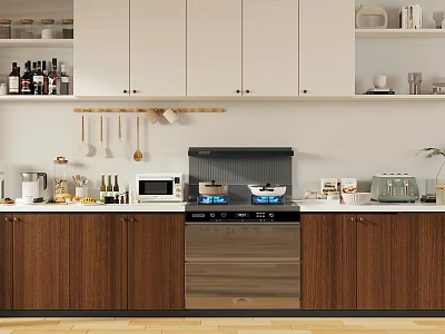 Modern Kitchen Interior With White Upper Cabinets Wooden Lower Cabinets Hanging Utensils Stove And Microwave 3d model