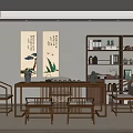 Elegant Traditional Tea Room Interior With Wooden Furniture Calligraphy Paintings And Bookshelf
