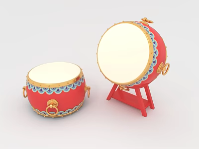 Interactive Area With Two Red Drums Stand Golden Decorations And Blue Trim 3d model