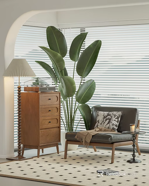 Comfortable Lounge Chair with Patterned Pillow Throw Blanket Wooden Chest Lamp and Large Green Plant 3d model 