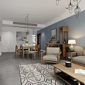 Modern Living And Dining Room Interior With Wooden Furniture Light Blue Walls And Geometric Rug
