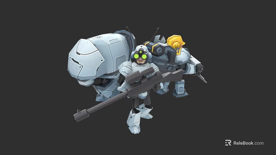 Armored Game and Movie Character With Mech Style Weapon Green Goggles And Mechanical Companion 3d model 
