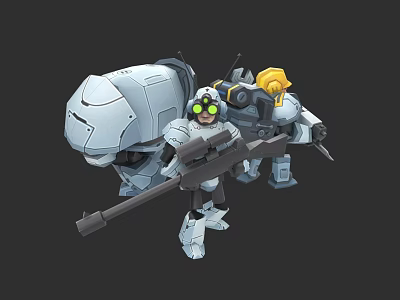 Armored Game and Movie Character With Mech Style Weapon Green Goggles And Mechanical Companion 3d model