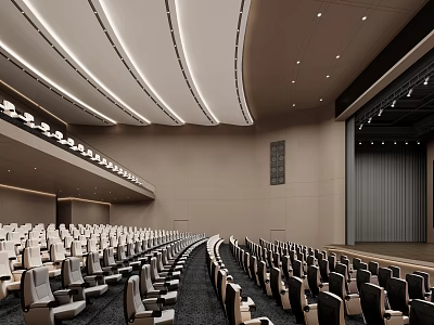 Modern Auditorium Interior With Rows Of Seats Stage And Curved Ceiling Lights 3d model