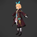 Game Movie Character With Blonde Hair Blue Bow Dark Coat White Stockings And Black Boots