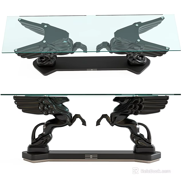 Elegant Coffee Table With Glass Top And Black Pegasus Base Design 3d model 