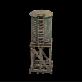 Vintage Metal Water Tower Structure With Wooden Support And Ladder