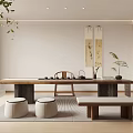 Traditional Zen Chinese Tea Room Interior With Long Wooden Table Calligraphy Scrolls Green Plants And Stools