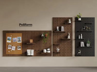 Modern Photo Wall With Corkboard Photos Notes Pegboard Shelves And Decorative Plants 3d model