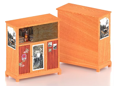 Two Wooden Bookcases With Glass Door Decorative Pictures And Natural Wood Finish 3d model
