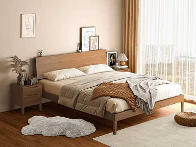Wooden Double Bed With Soft Bedding Nightstands Decorative Paintings And Plush Rug 3d model