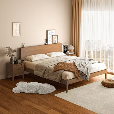 Wooden Double Bed With Soft Bedding Nightstands Decorative Paintings And Plush Rug 3d model