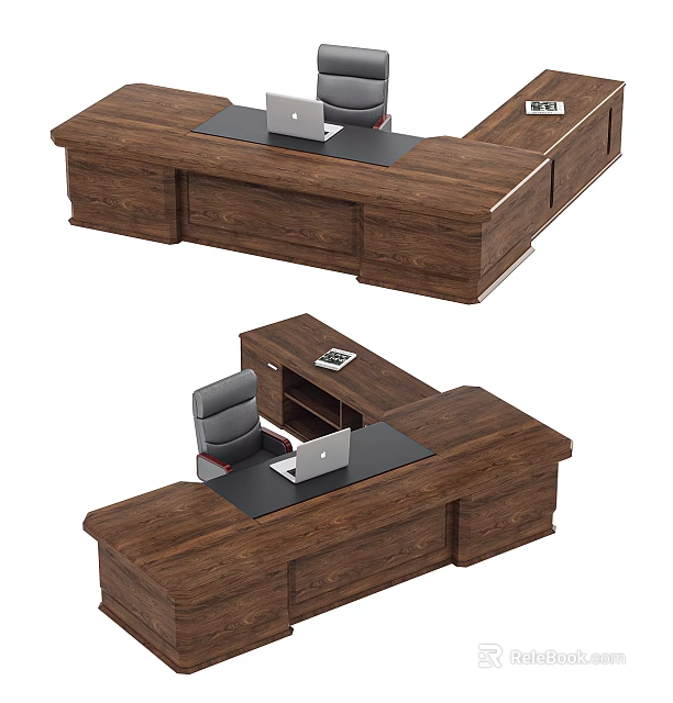 Wooden Office Desk With Drawers Laptop And Ergonomic Chair Storage Compartments 3d model 