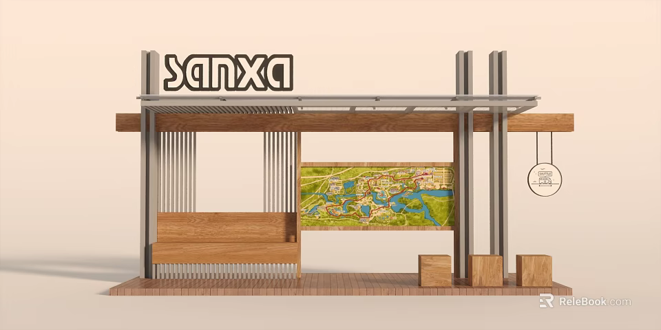 Sanxa Station Structure With Canopy Wooden Bench And Wall Map 3d model 