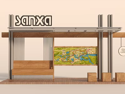 Sanxa Station Structure With Canopy Wooden Bench And Wall Map 3d model