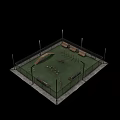 Outdoor Fenced Playground with Green Grass Wooden Benches Ramp Balance Beams and Light Poles