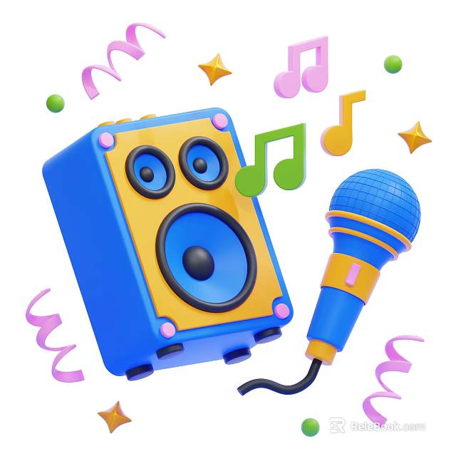 Colorful Blue Yellow Speaker With Blue Microphone Music Notes Stars And Streamers 3d model 