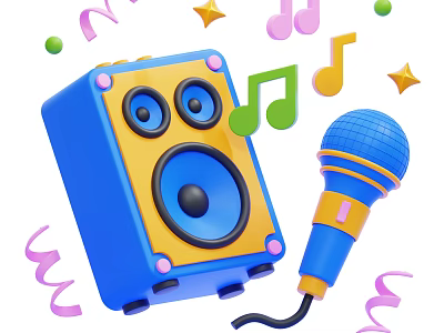 Colorful Blue Yellow Speaker With Blue Microphone Music Notes Stars And Streamers 3d model