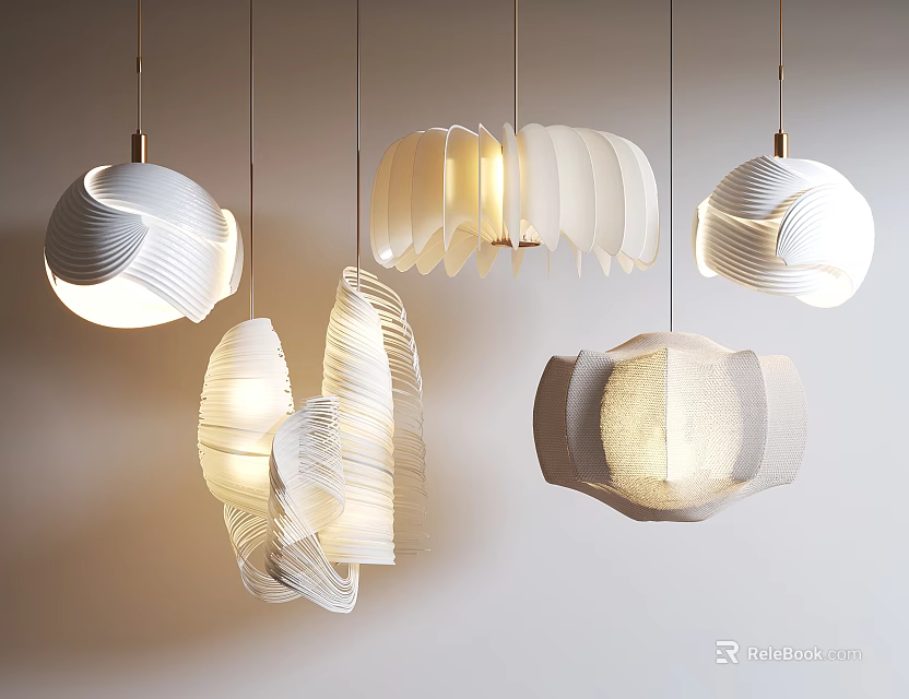 Modern Hanging Lighting Combination Featuring Pleated Wavy Design And Soft Warm Glow 3d model 