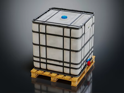 Large Plastic IBC Tank with Blue Cap and Black Frame on Wooden Pallet 3d model