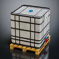 Large Plastic IBC Tank with Blue Cap and Black Frame on Wooden Pallet