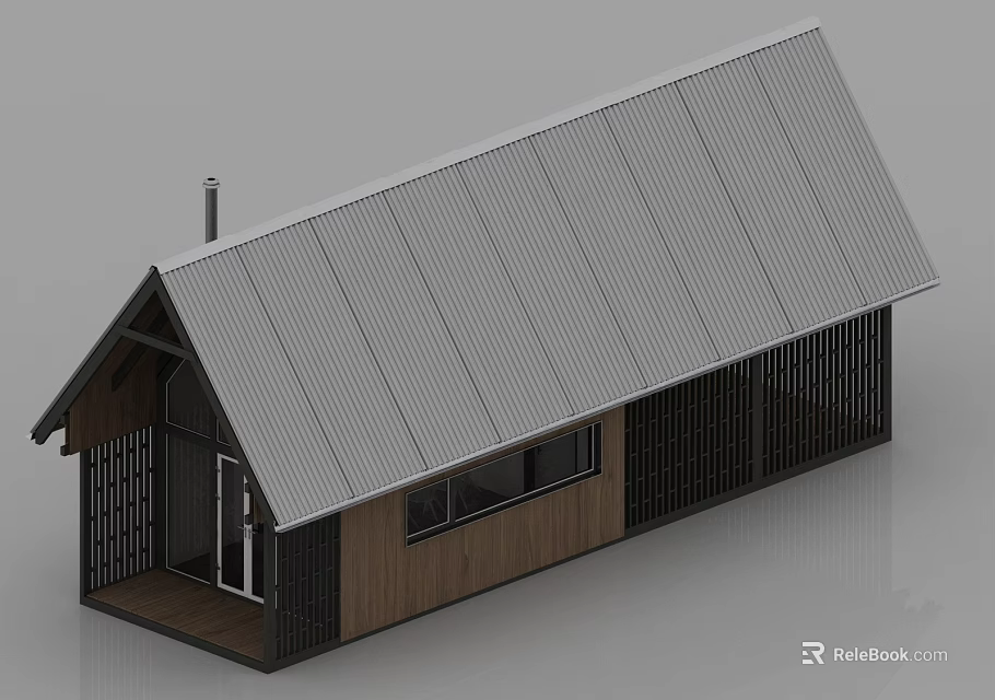 Modern Small House Design Featuring Metal Roof Wooden Walls Black Lattice Panels Chimney And Porch 3d model 