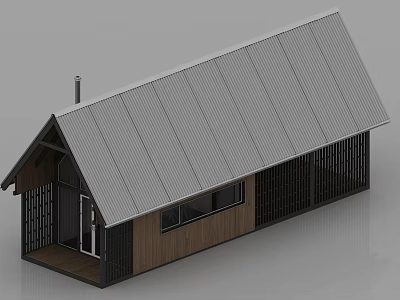 Modern Small House Design Featuring Metal Roof Wooden Walls Black Lattice Panels Chimney And Porch 3d model