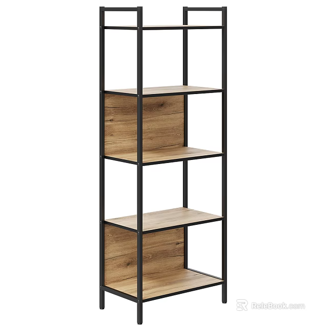 Modern Open Decorative Cabinet With Wooden Shelves And Black Metal Frame 3d model 