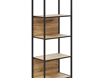 Modern Open Decorative Cabinet With Wooden Shelves And Black Metal Frame 3d model