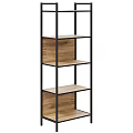 Modern Open Decorative Cabinet With Wooden Shelves And Black Metal Frame