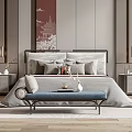 Modern Double Bed With Gray Bedding Headboard Wall Art Nightstands Table Lamps And End-of-Bed Bench