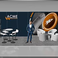 ACME Exhibition Booth Display With Blue Background Orange Accents White Furniture And Man
