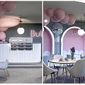 Dessert Shop Interior With Pink Arches Balloon Decor Purple Flowers And Green Plants