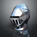 Shiny Metallic Medieval Knight Helmet With Decorative Visor And Intricate Design Details