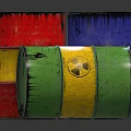 Radioactive Waste Barrels In Red Yellow Blue Green With Radioactive Symbols