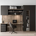 Modern Desk With Black Bookshelves Wooden Paneling Laptop Clock And Desk Lamp