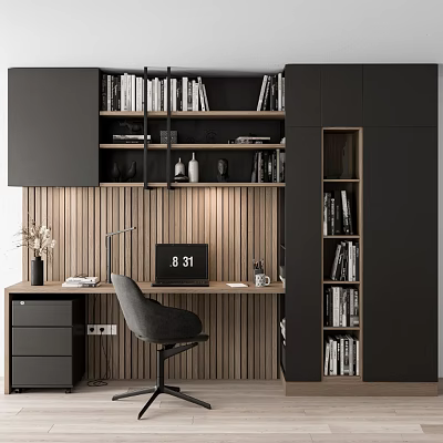 Modern Desk With Black Bookshelves Wooden Paneling Laptop Clock And Desk Lamp 3d model
