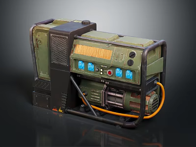Military Style Green Portable Generator With Control Panel Blue Buttons Orange Indicators And Orange Cable 3d model