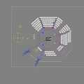 Spacious Competitive Billiard Room With Central Table Circular Seating Yellow Black Seats And Blue Billboards