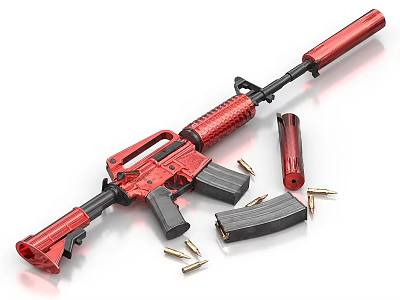 Detailed Red Assault Rifle with Magazine and Scattered Bullets on White Background 3d model