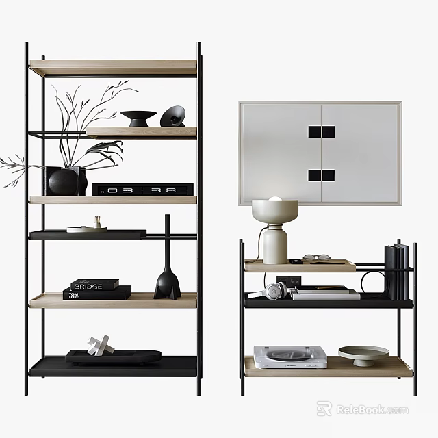 Modern Multi Tier Shelving Unit With Metal Frame Wooden Shelves And Decorative Storage Items 3d model 