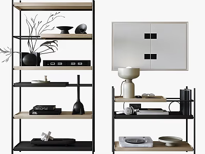 Modern Multi Tier Shelving Unit With Metal Frame Wooden Shelves And Decorative Storage Items 3d model