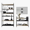 Modern Multi Tier Shelving Unit With Metal Frame Wooden Shelves And Decorative Storage Items