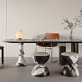 Desk and Chair Combination Round Stool Desk Lamp 3d model