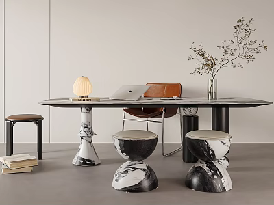 Modern Desk Setup With Laptop Lamp And Vase Alongside Marble Stools Interior 3d model