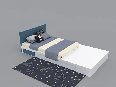 Double Bed with Blue Headboard Pillows Bedspread Storage Drawers and Star Pattern Rug 3d model