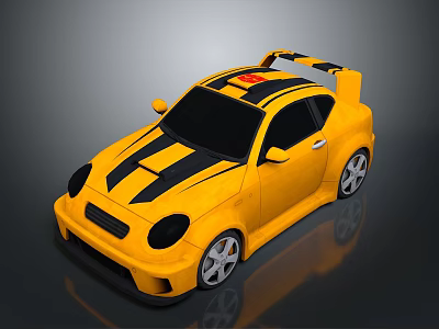 Yellow Sports Car With Black Stripes Rear Spoiler And Silver Wheels 3d model