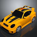 Yellow Sports Car With Black Stripes Rear Spoiler And Silver Wheels